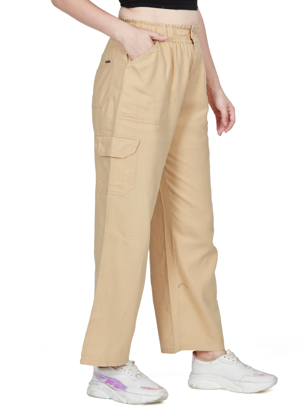 Light Khakhi high rise cotton non-lycra  Cargo 6 Pkt
