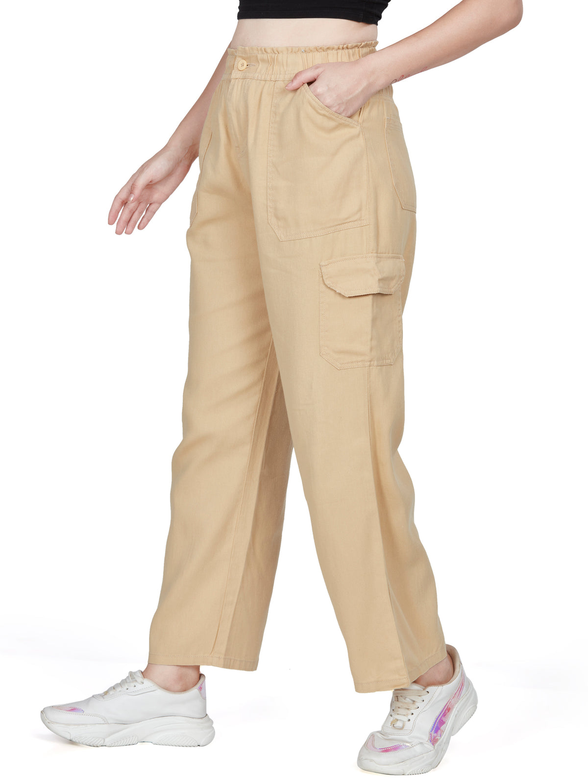Light Khakhi high rise cotton non-lycra  Cargo 6 Pkt