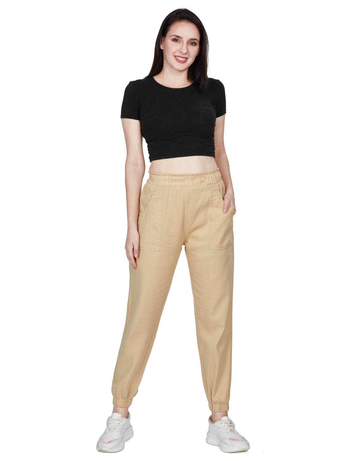 Cream high Rise  Cotton Non Lycra Joggers