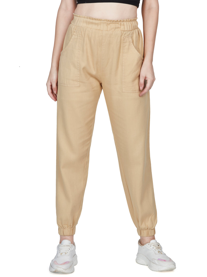 Cream high Rise  Cotton Non Lycra Joggers