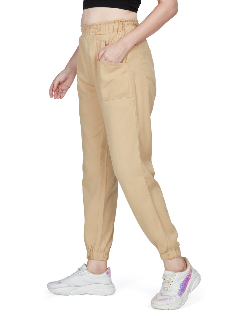 Cream high Rise  Cotton Non Lycra Joggers