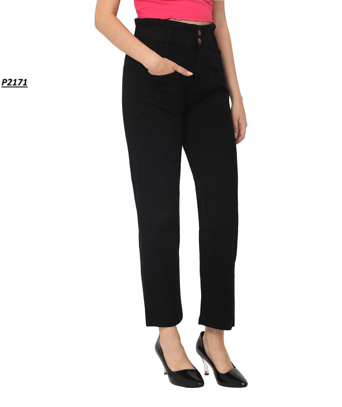 BLACK- 2 BTN H W -STRAIT jeans-with-insert  pockets