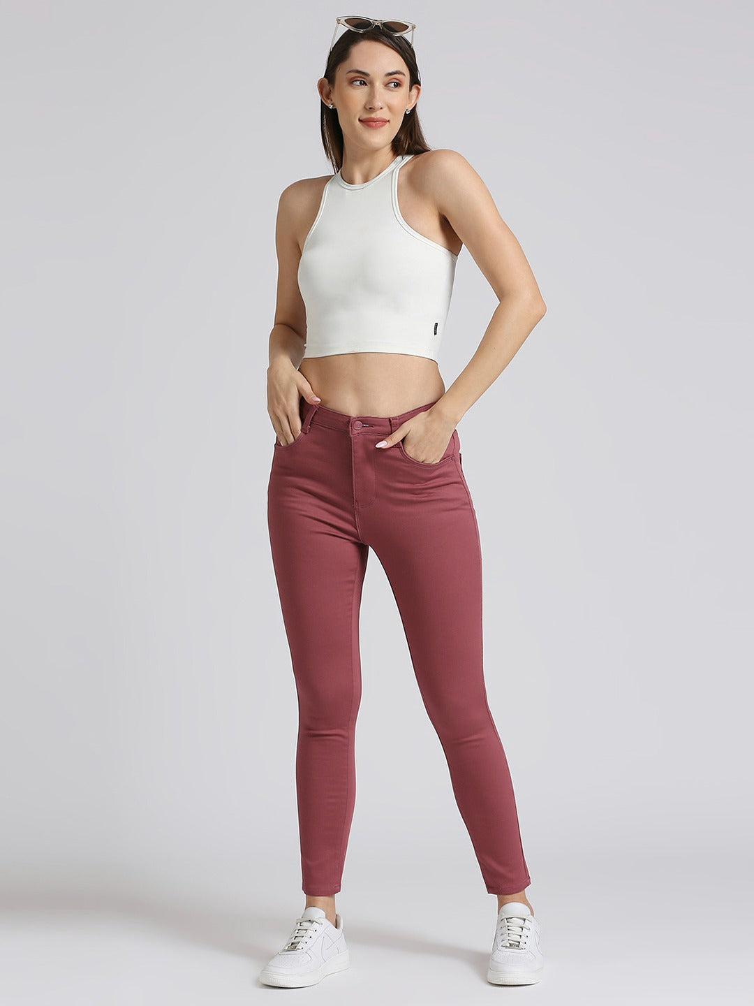 Wine Skinny Fit Jeans With Insert Pockets